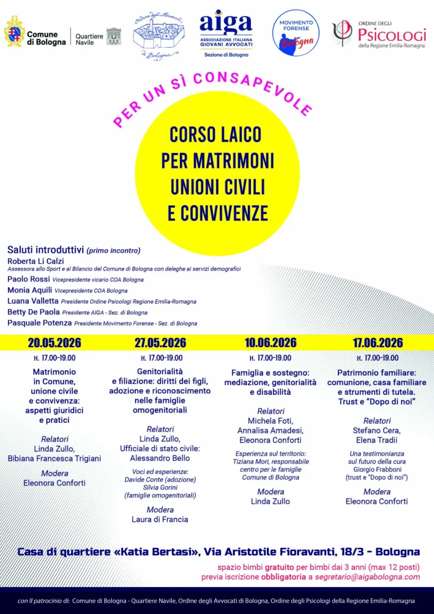 Immagine articolo: Per un Sì Consapevole: Corso Laico per Matrimoni, Unioni Civili e Convivenze 2026